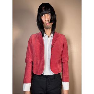 Vintage Red Leather Suede Blazer Pastel Business Women Coat Boho Y2K Casual Loun